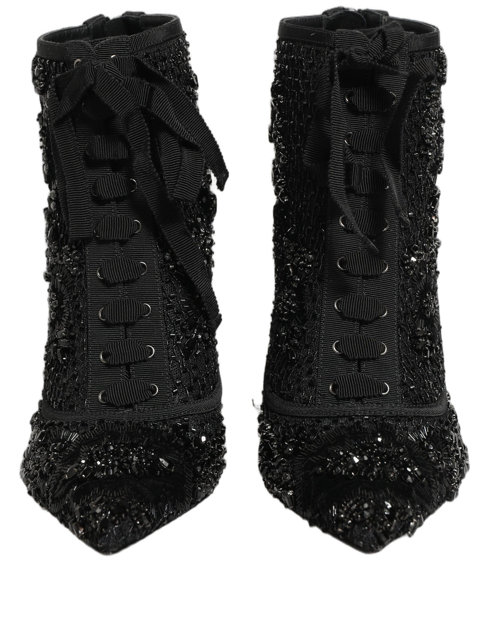 Dolce & Gabbana Black Embellished Mesh Ankle Boots Shoes
