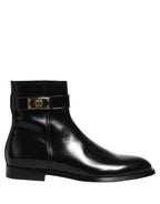 Dolce & Gabbana Black Leather Logo Buckle Mid Calf Boots Shoes