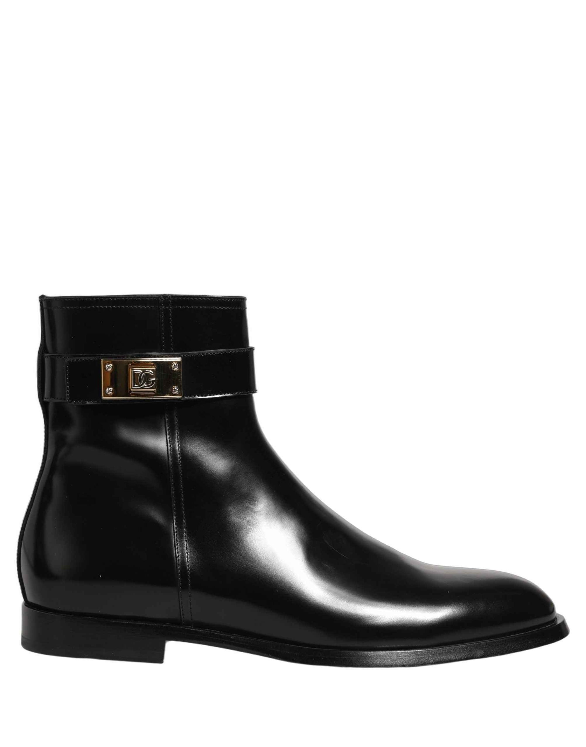 Dolce & Gabbana Black Leather Logo Buckle Mid Calf Boots Shoes