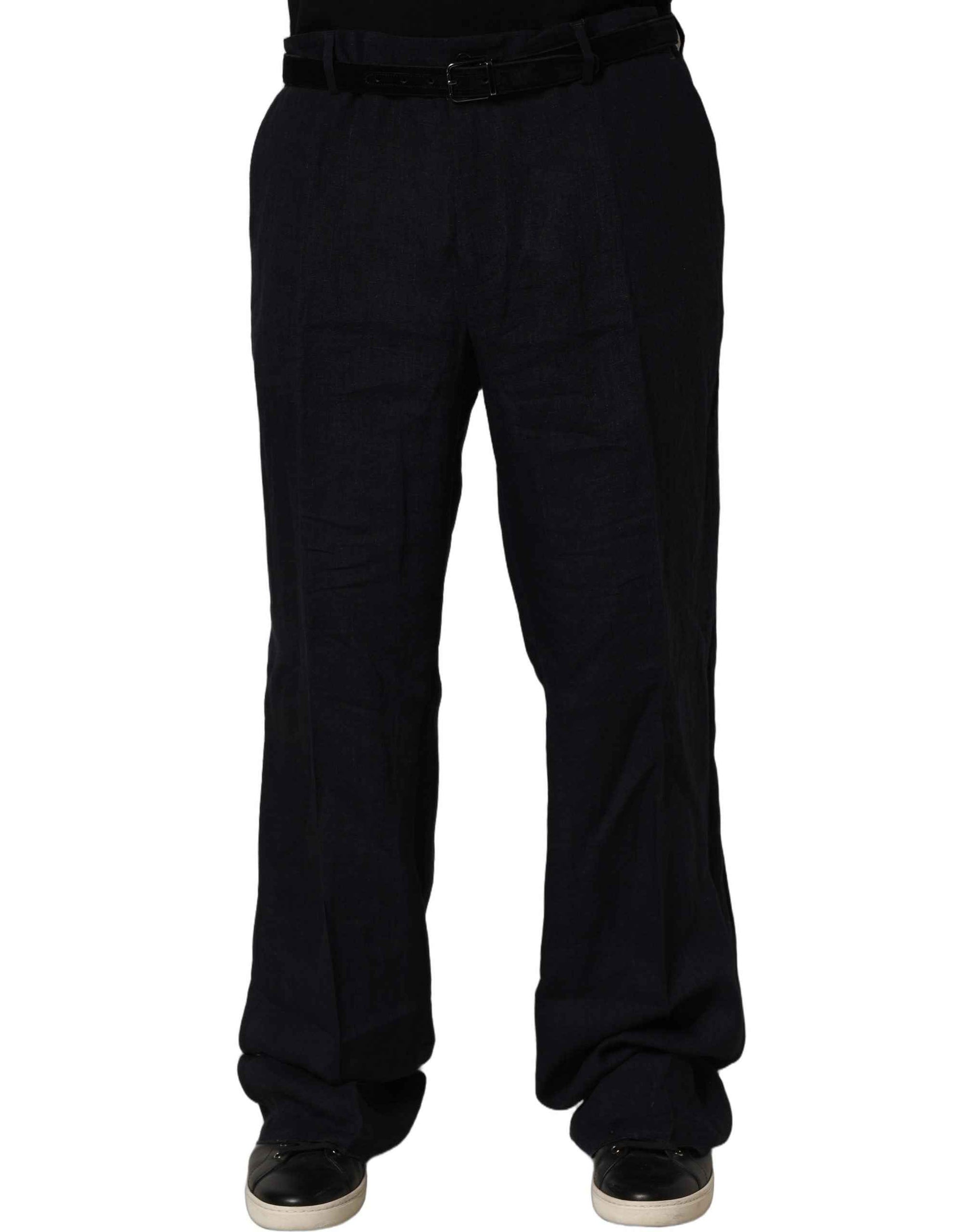 Dolce & Gabbana Black Linen Straight Leg Dress Trouser Pants