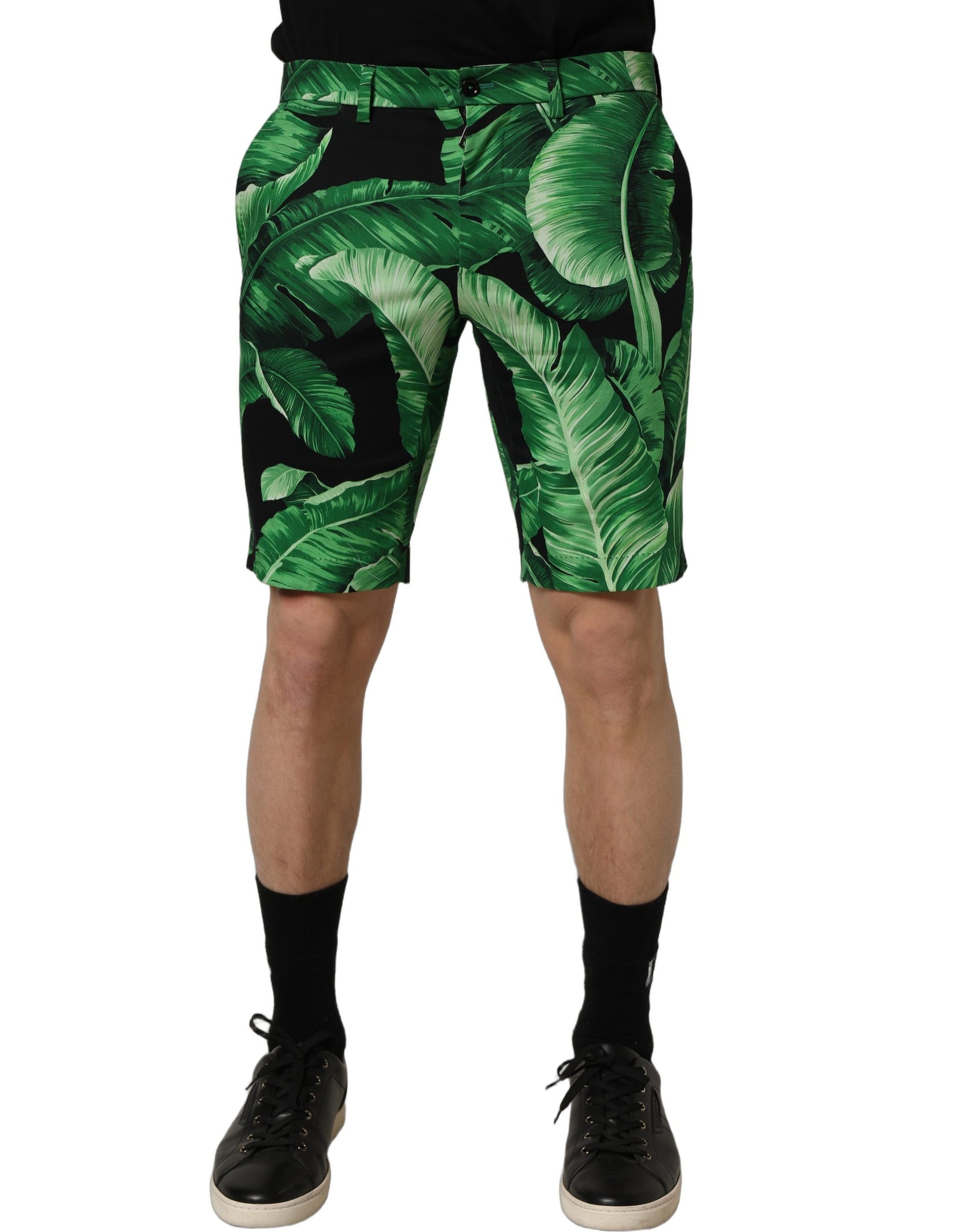 Dolce & Gabbana Black Green Banana Leaf Men Bermuda Shorts