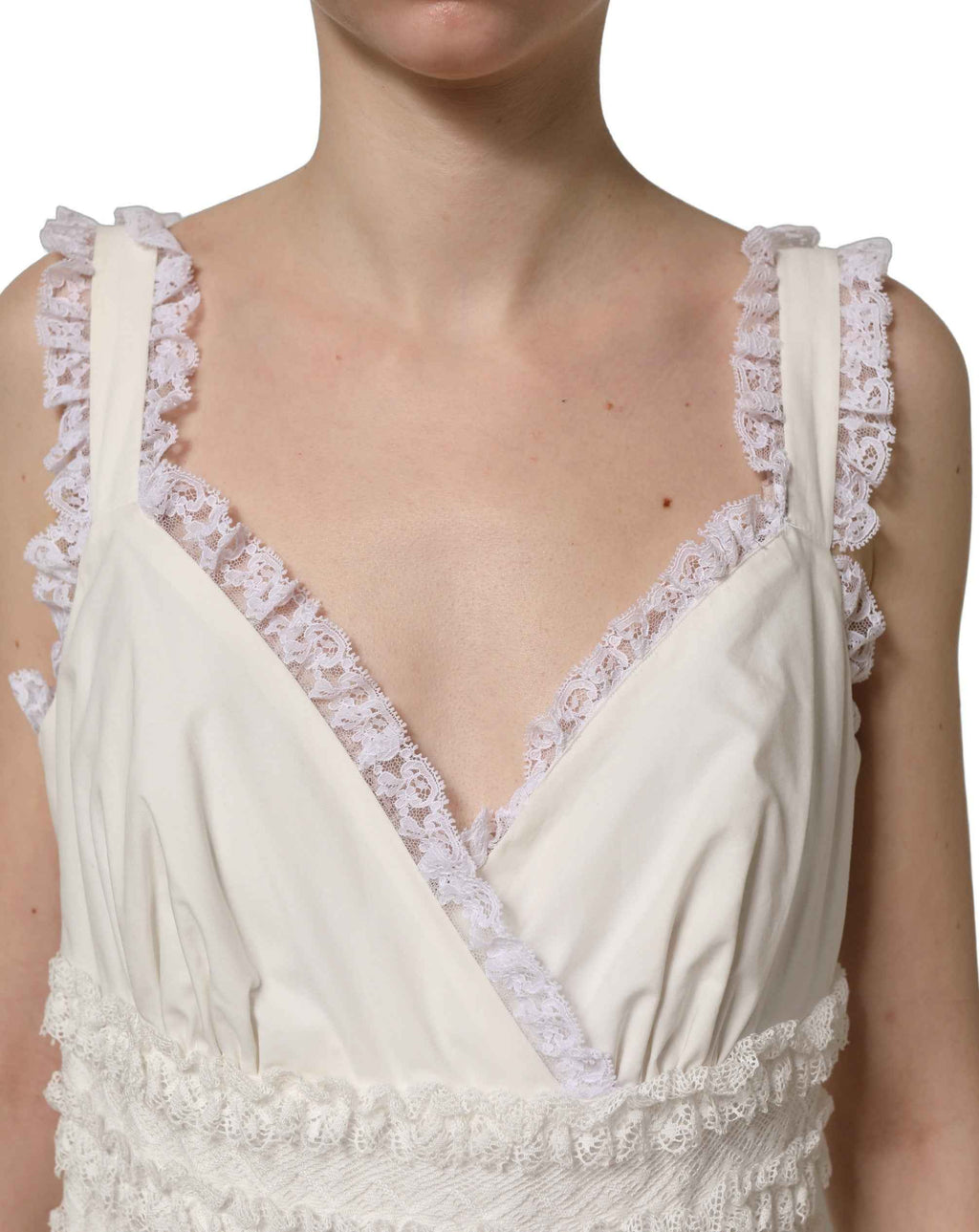 Dolce & Gabbana White Cotton Poplin Ruffled Midi Dress