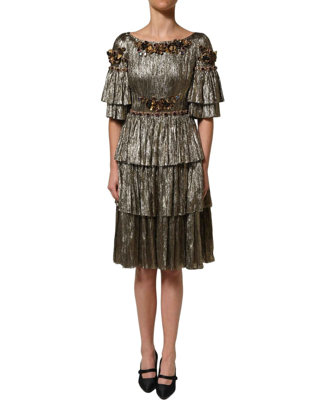 Dolce & Gabbana Metallic Gold Embellished Tiered Midi Dress