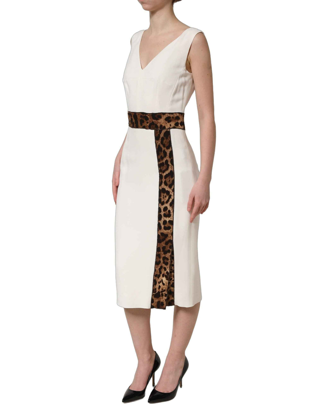 Dolce & Gabbana White Leopard Sleeveless Sheath Midi Dress
