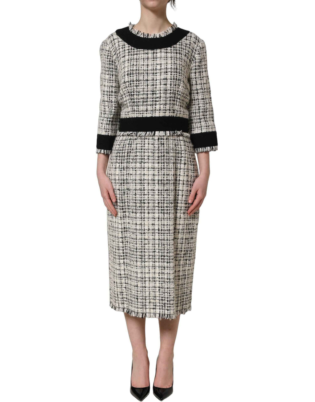 Dolce & Gabbana Multicolor Bouclé Tweed Frayed Trim Midi Dress