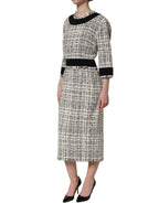 Dolce & Gabbana Multicolor Bouclé Tweed Frayed Trim Midi Dress