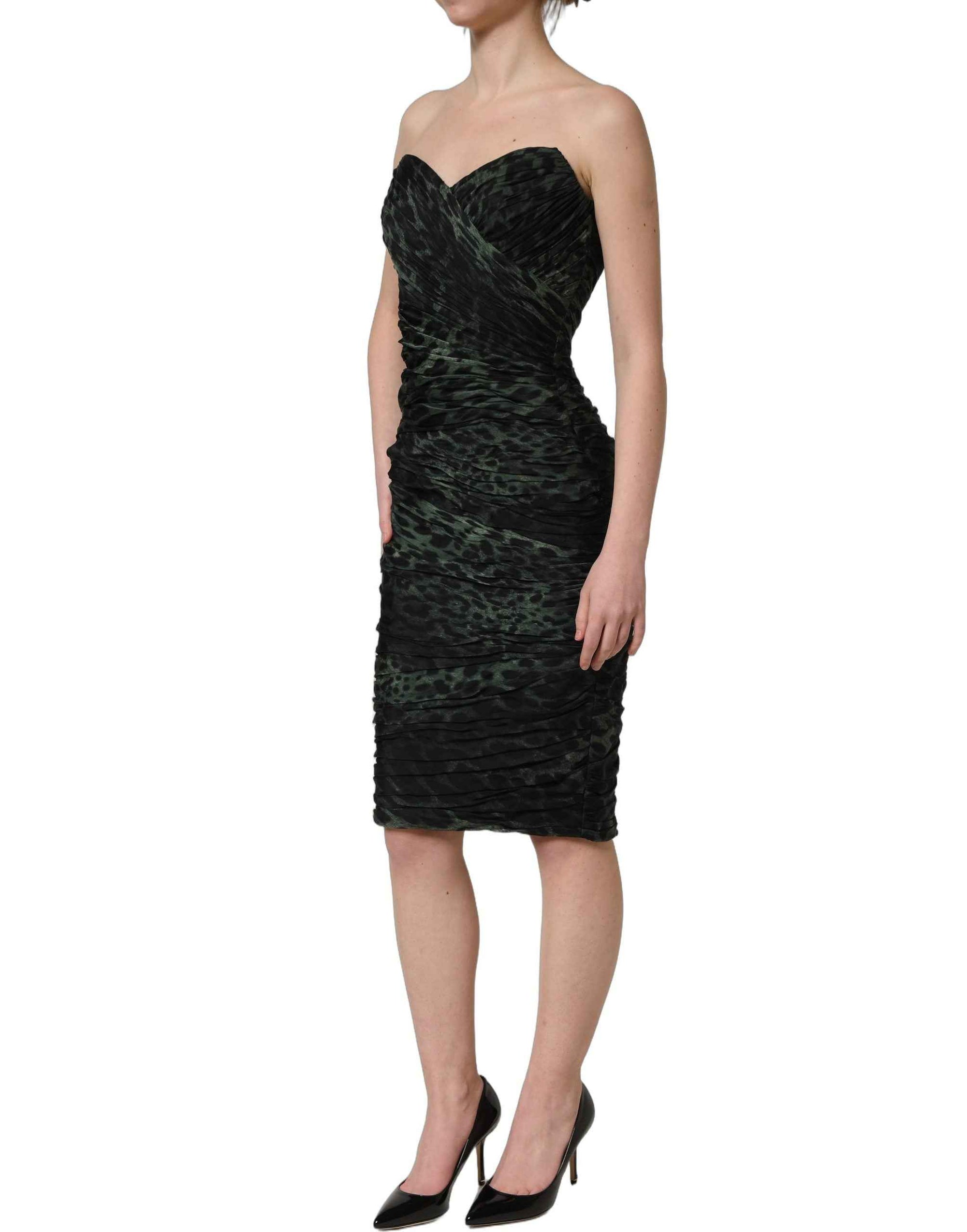 Dolce & Gabbana Green Leopard Print Bustier Draped Midi Dress