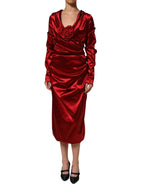 Dolce & Gabbana Red Silk Satin Draped Midi Floral Applique Dress