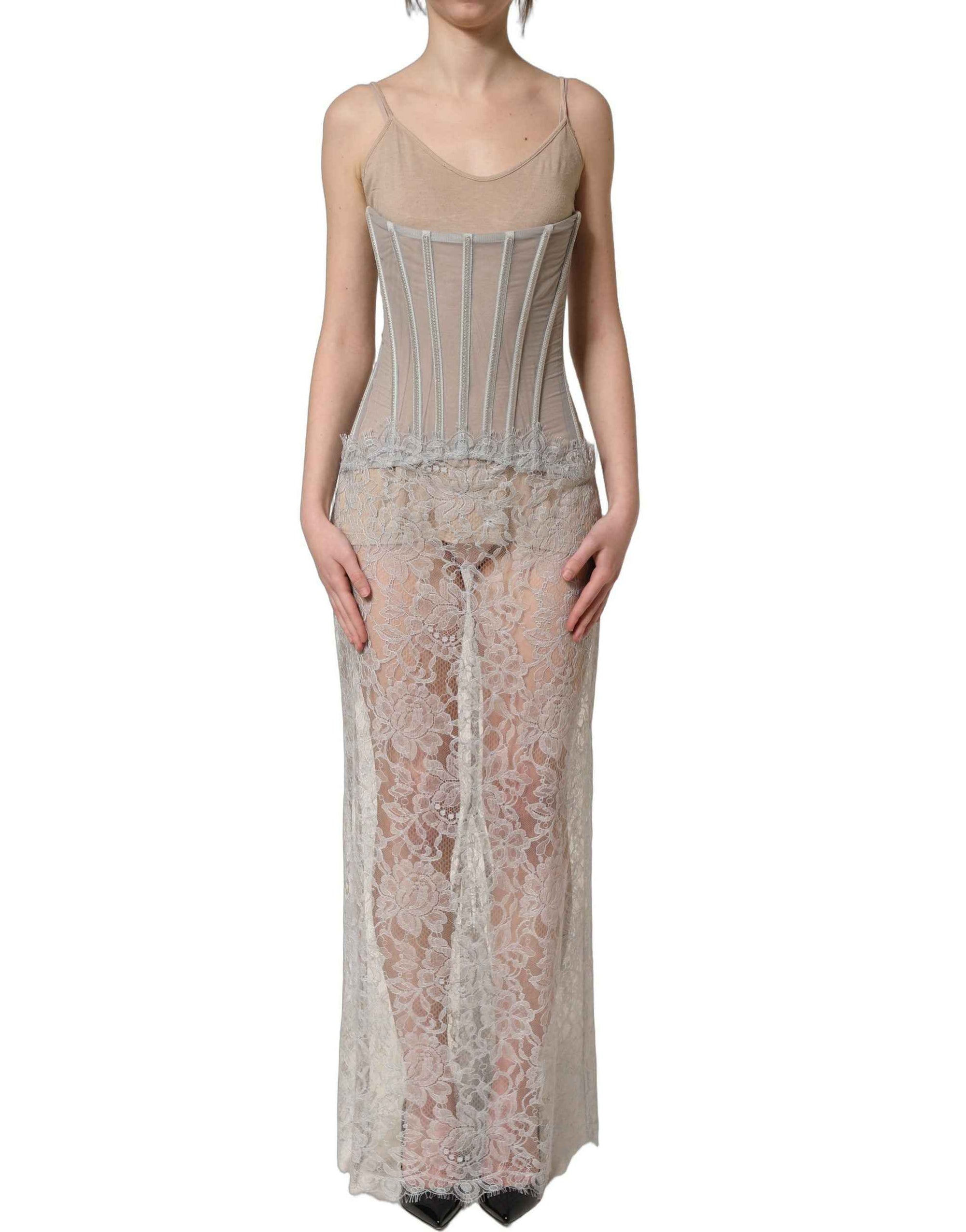 Dolce & Gabbana Gray Lace Corset Style Bodice Maxi Dress