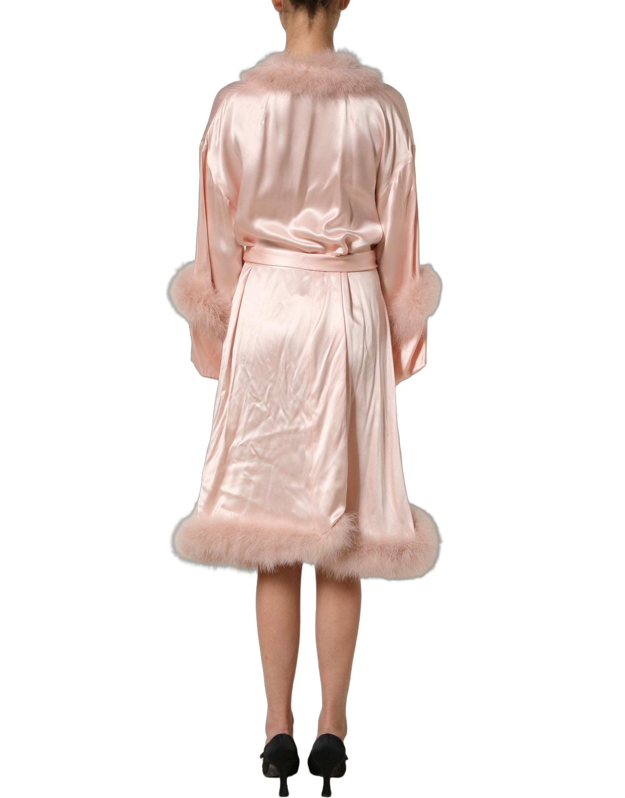Dolce & Gabbana Light Pink Silk Turkey Feather Wrap Midi Dress
