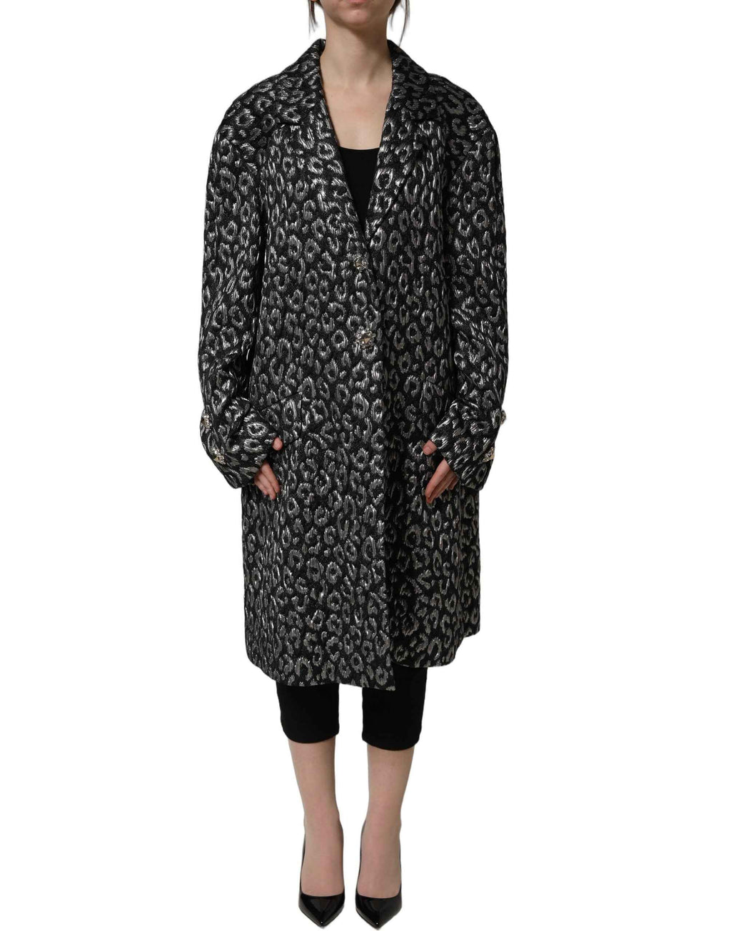 Dolce & Gabbana Black Silver Jacquard Leopard Coat Jacket