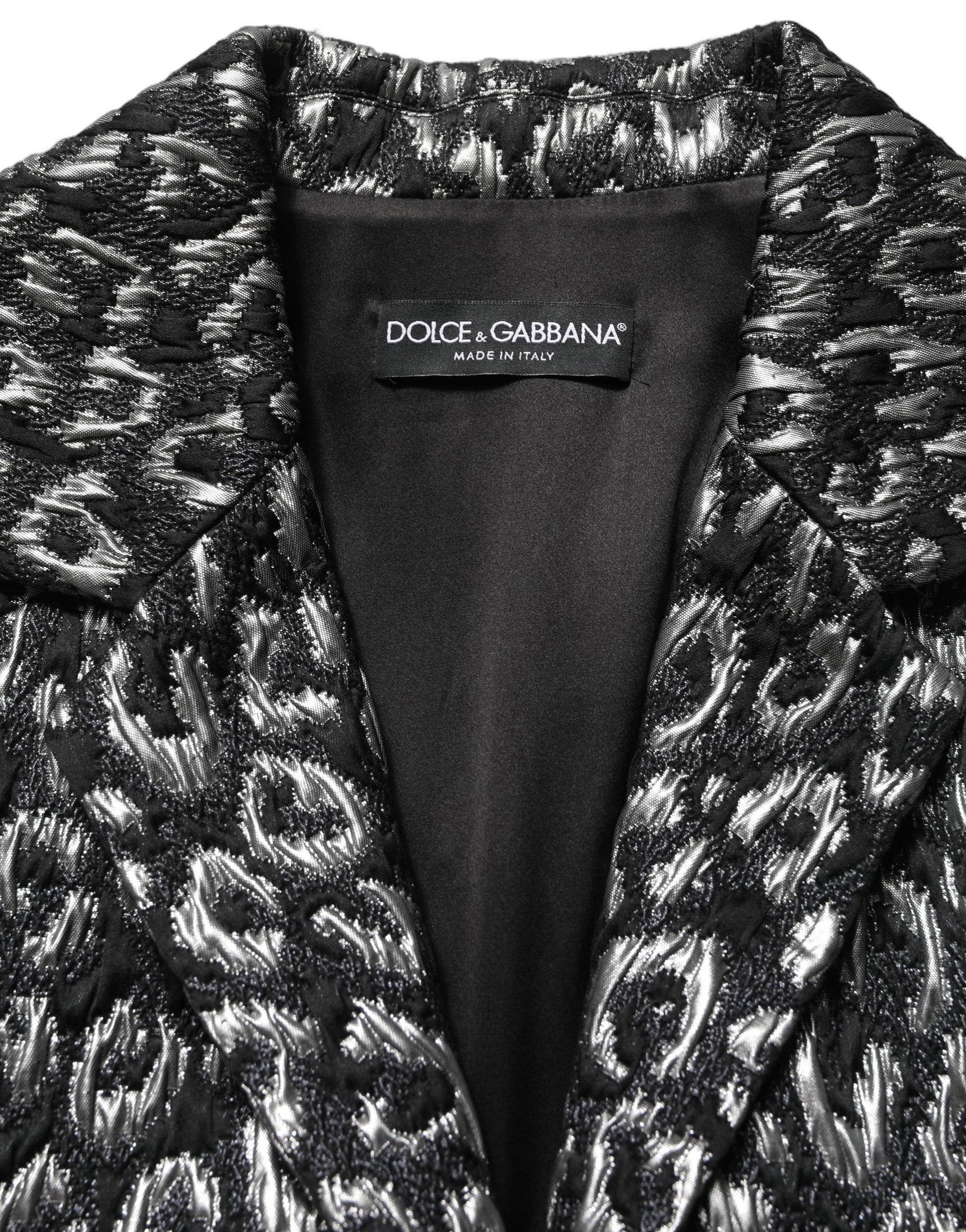 Dolce & Gabbana Black Silver Jacquard Leopard Coat Jacket