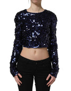 Dolce & Gabbana Blue Sequined Long Sleeves Crop Blouse Top