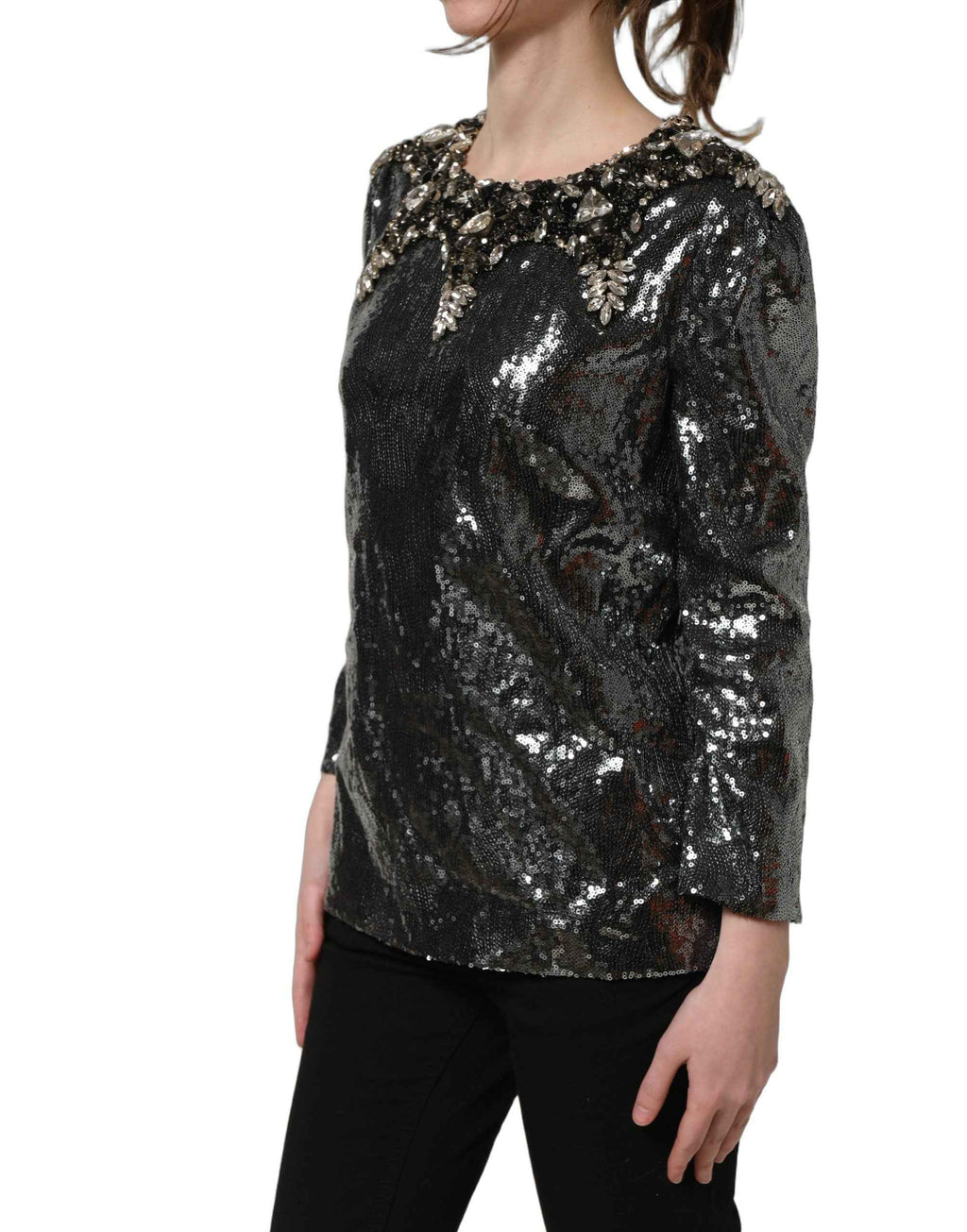 Dolce & Gabbana Metallic Gray Sequin Embellished Blouse Top