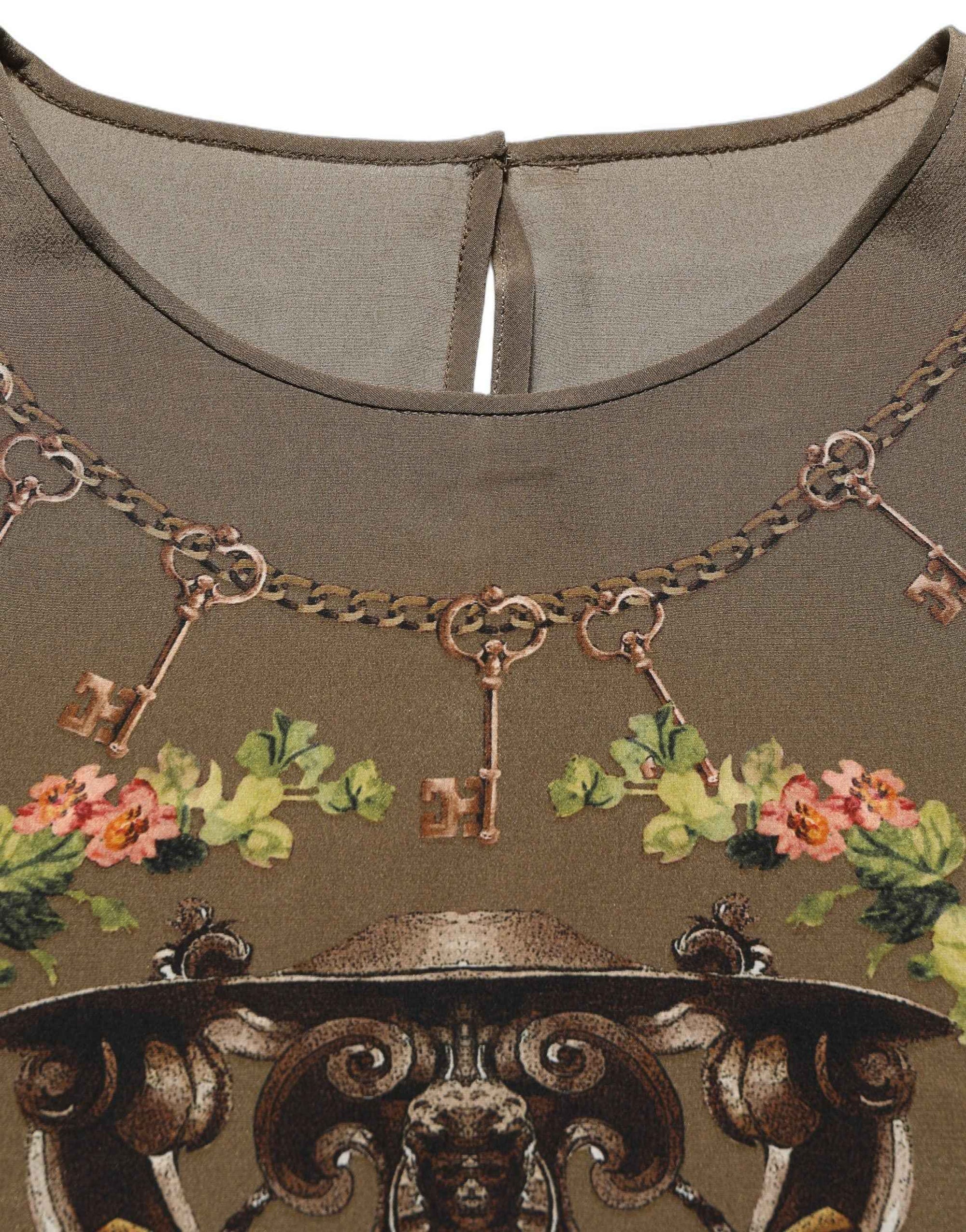 Dolce & Gabbana Brown Keys Roses Printed Silk Blouse Top