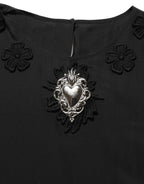 Dolce & Gabbana Black Floral Silk Heart Appliqué Blouse Top