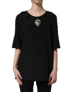 Dolce & Gabbana Black Floral Silk Heart Appliqué Blouse Top