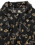 Dolce & Gabbana Black Keys Print Silk Tie Neck Blouse Top