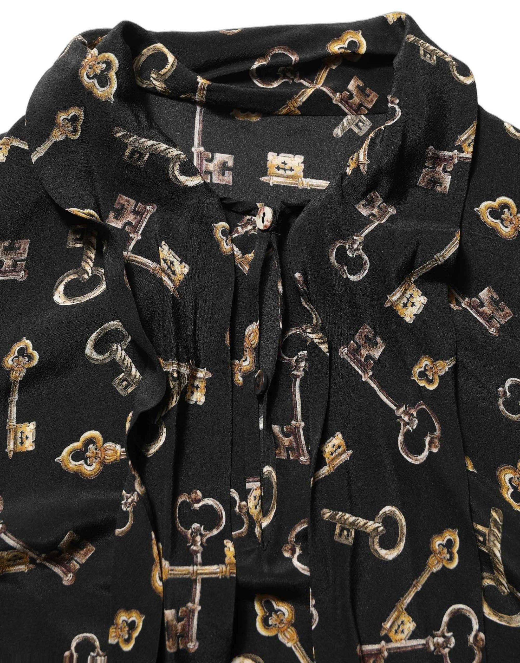 Dolce & Gabbana Black Keys Print Silk Tie Neck Blouse Top