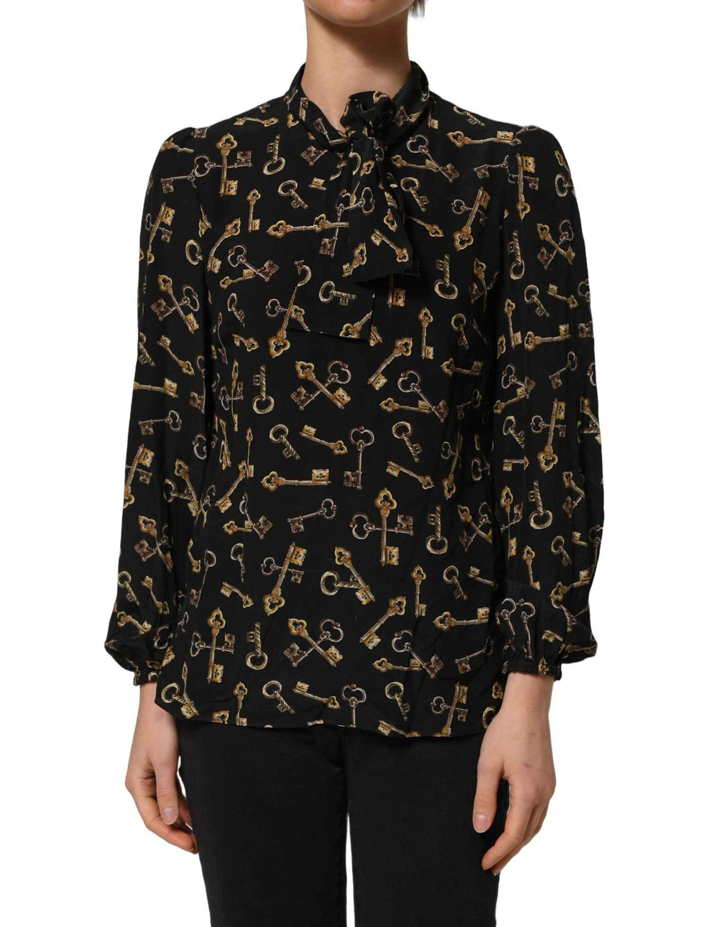 Dolce & Gabbana Black Keys Print Silk Tie Neck Blouse Top