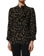 Dolce & Gabbana Black Keys Print Silk Tie Neck Blouse Top