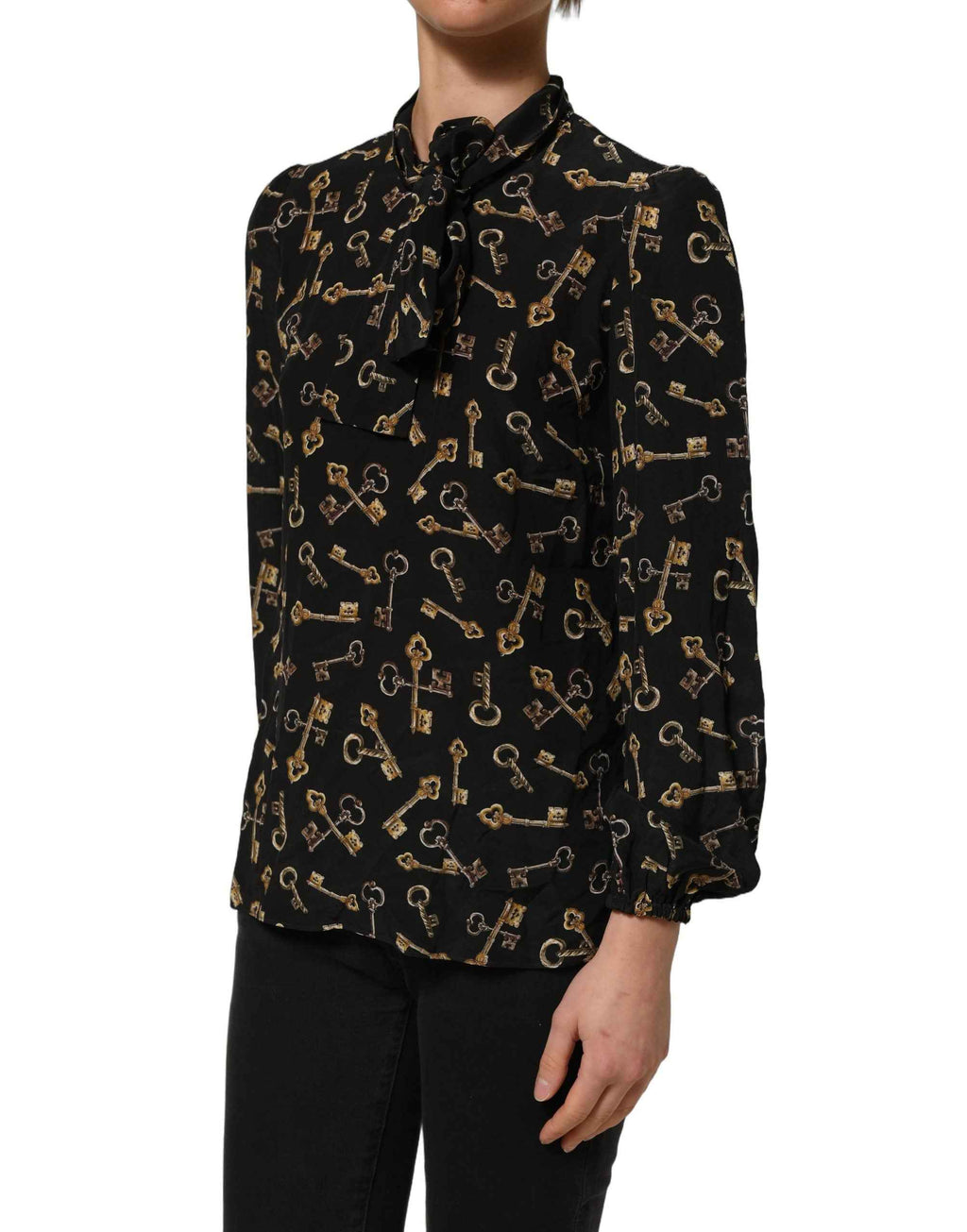 Dolce & Gabbana Black Keys Print Silk Tie Neck Blouse Top