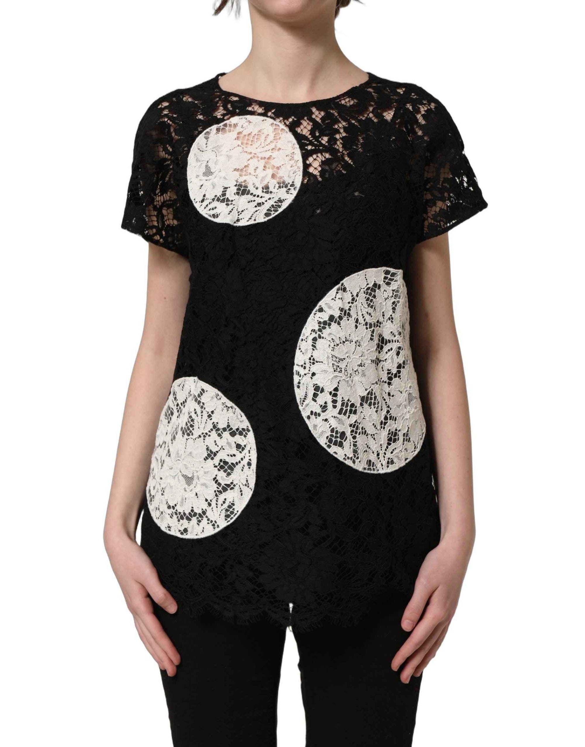 Dolce & Gabbana Black White Floral Lace Short Sleeve Blouse Top