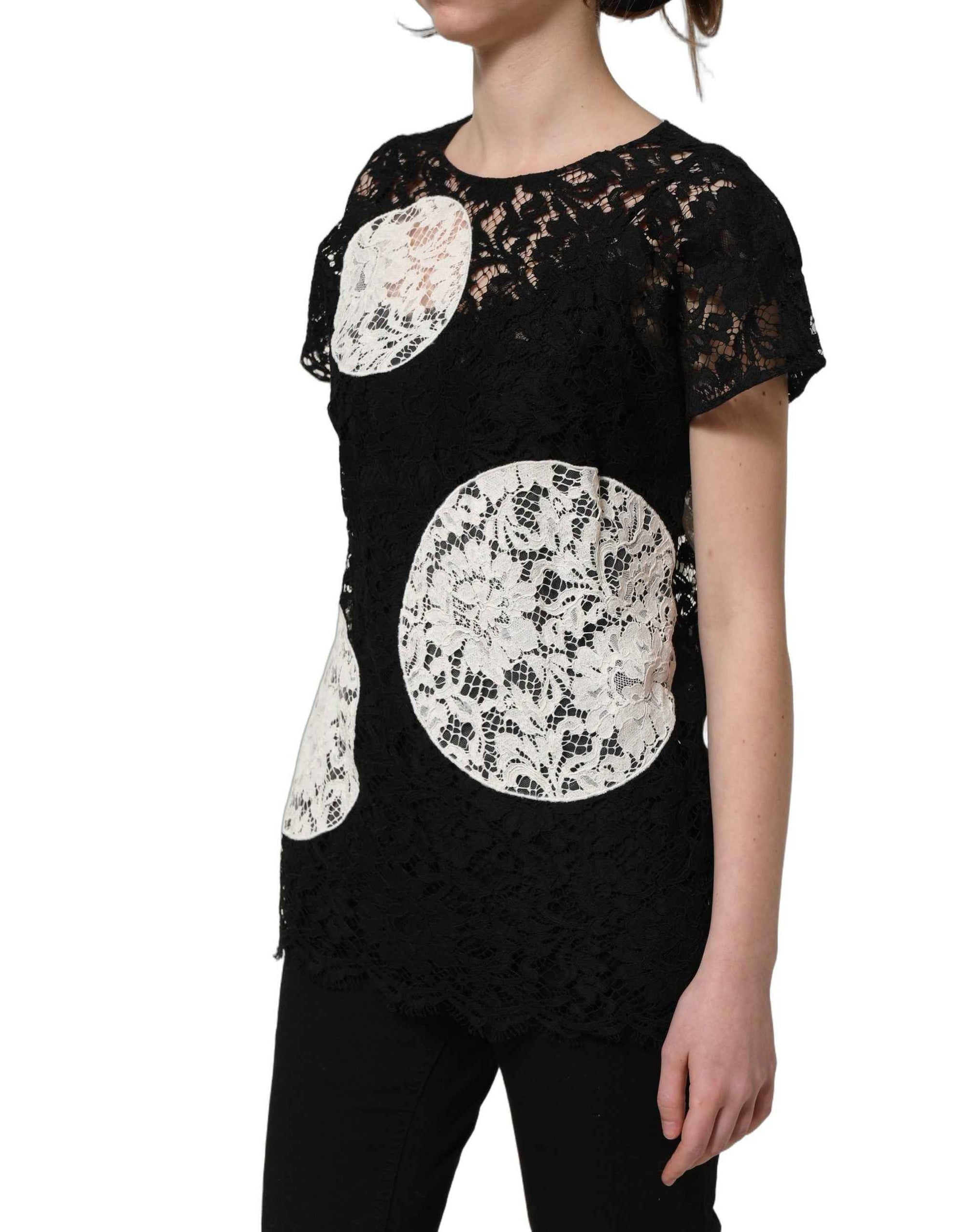 Dolce & Gabbana Black White Floral Lace Short Sleeve Blouse Top