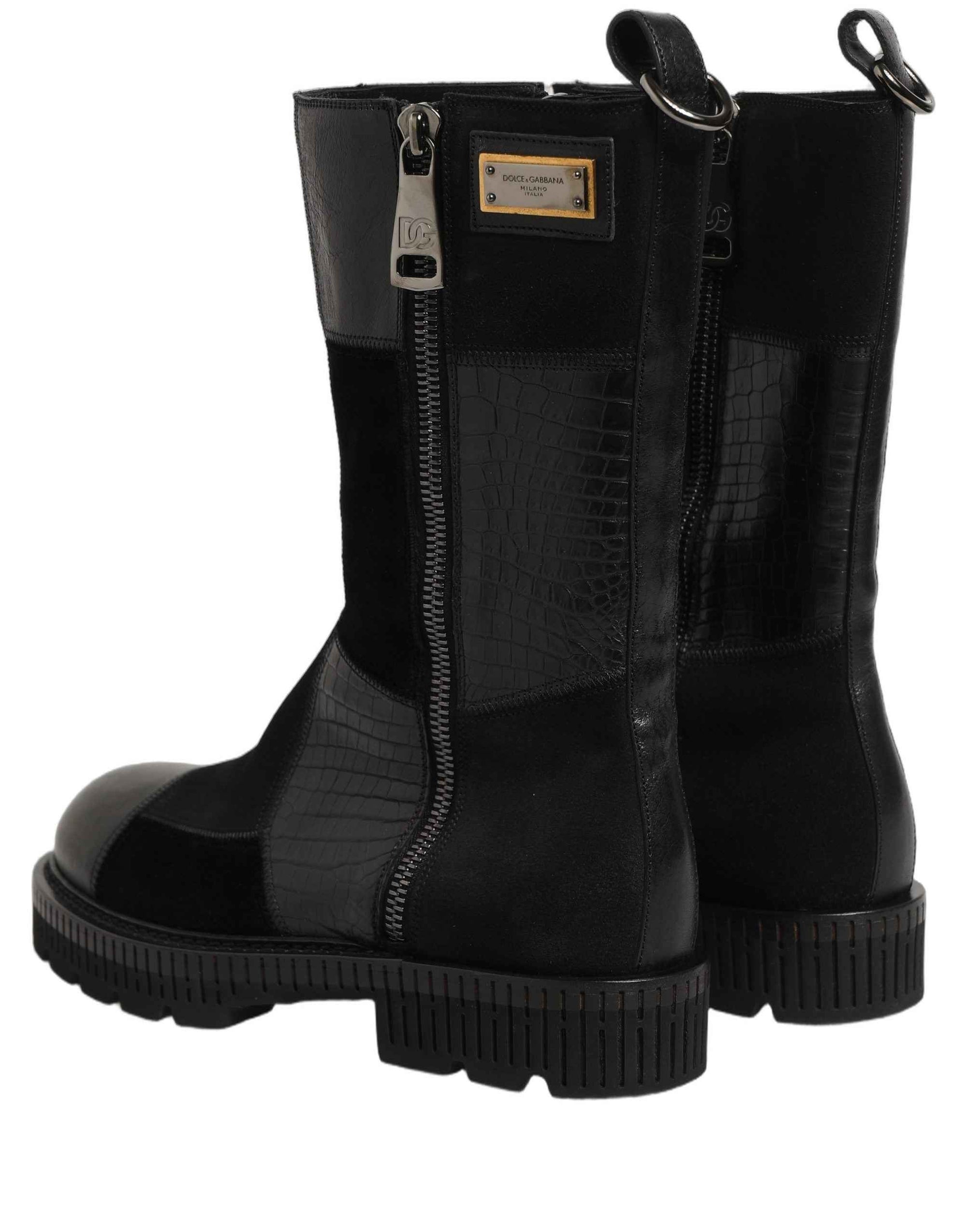 Dolce & Gabbana Black Patchwork Leather Mid Calf Boots Shoes