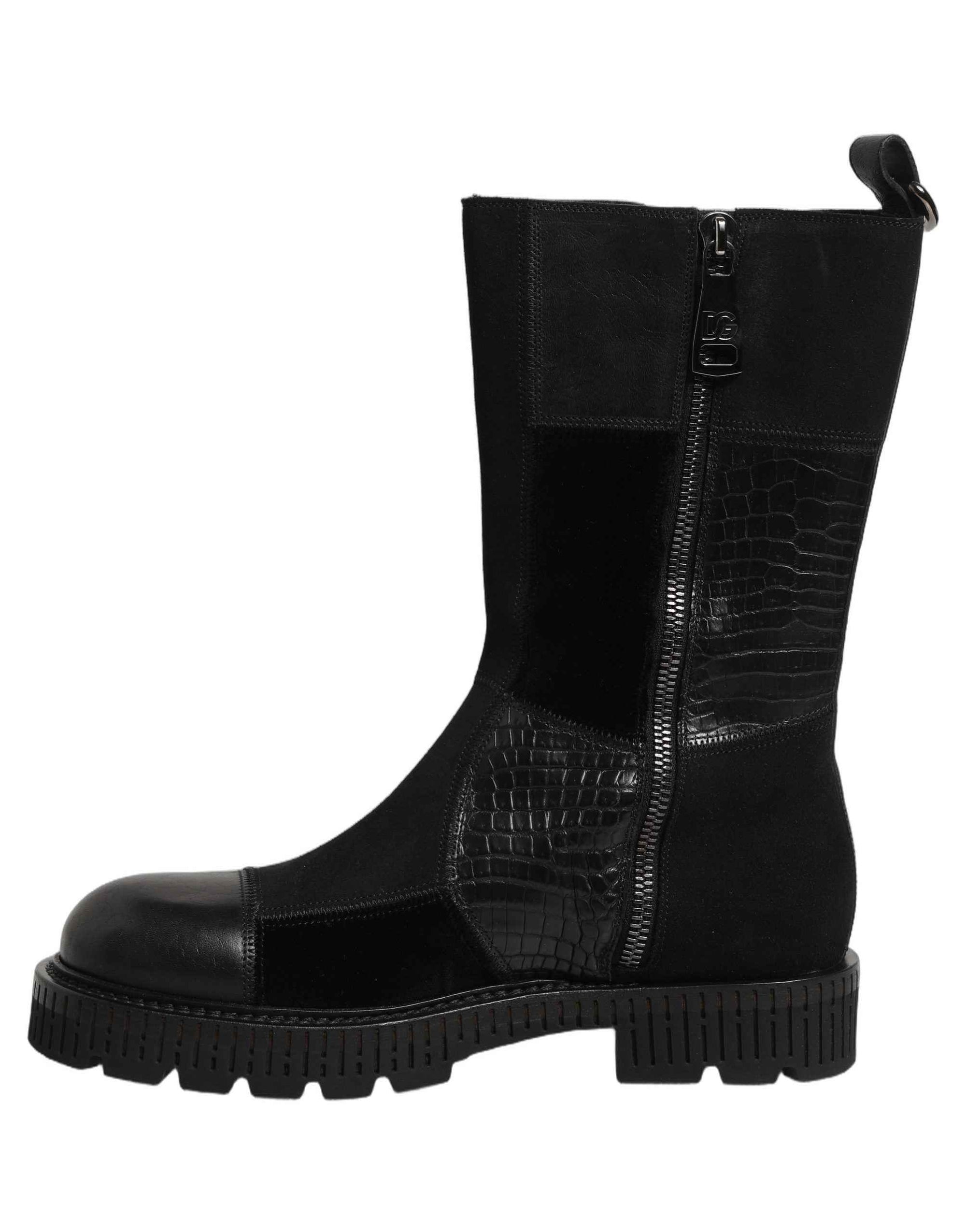 Dolce & Gabbana Black Patchwork Leather Mid Calf Boots Shoes