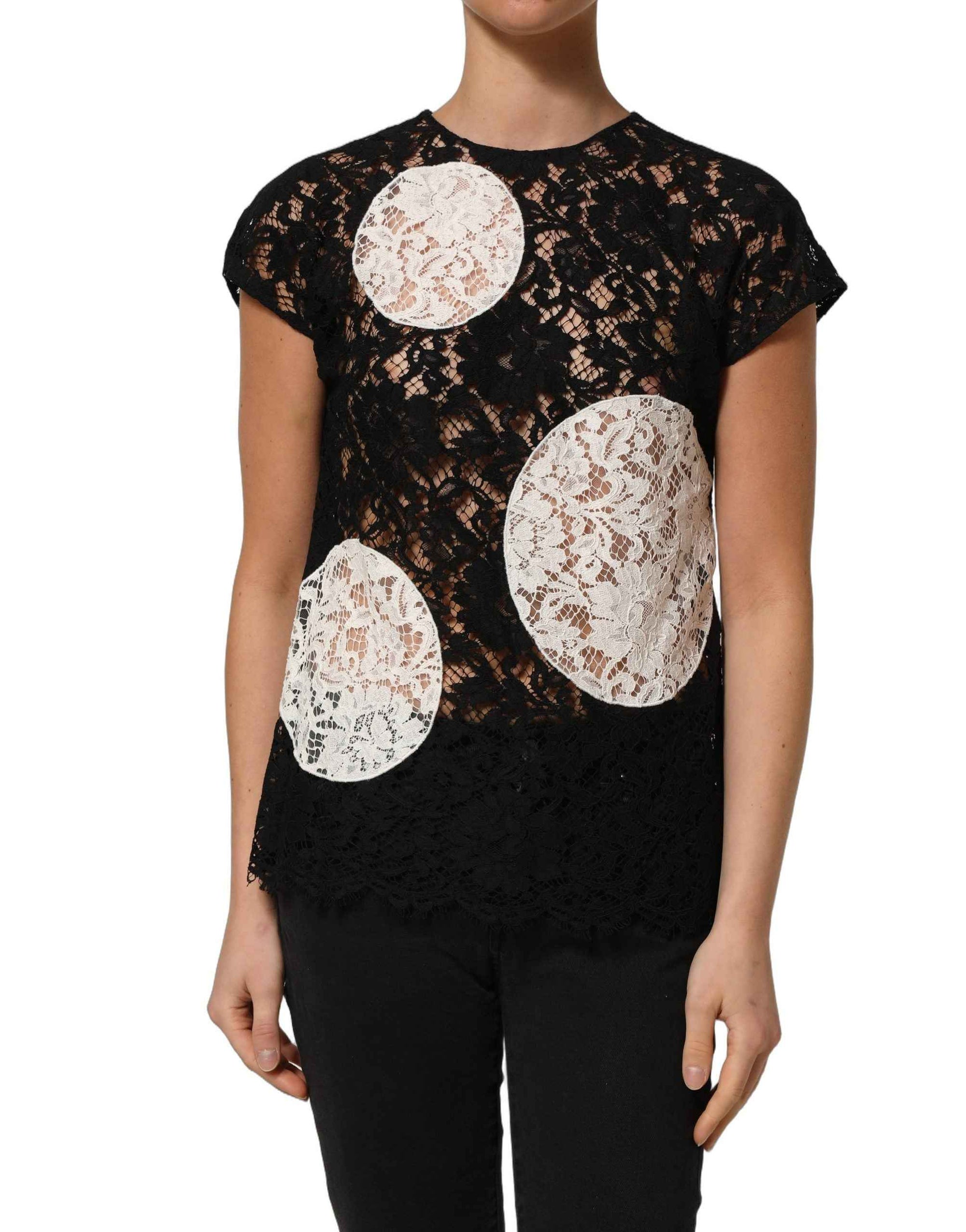 Dolce & Gabbana Black White Floral Lace Short Sleeve Blouse Top