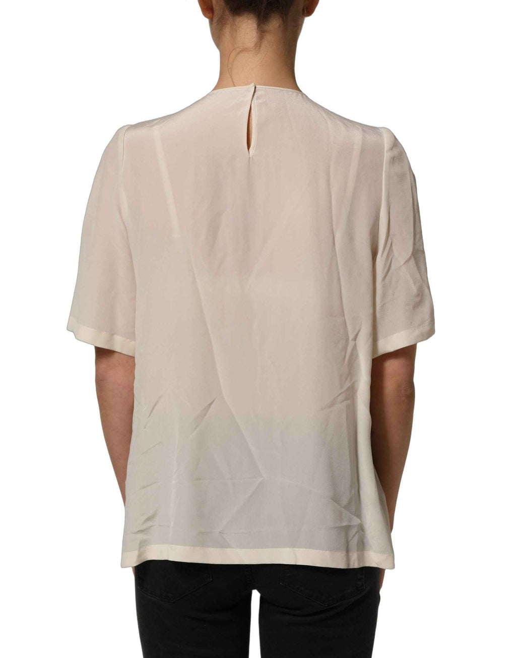 Dolce & Gabbana Beige Lace Trim Bow Short Sleeves Blouse Top