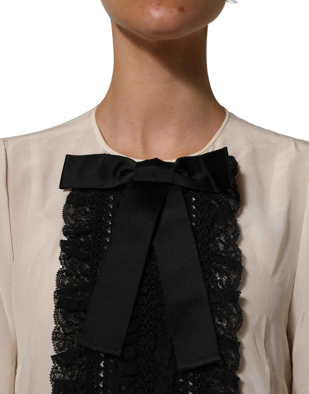 Dolce & Gabbana Beige Lace Trim Bow Short Sleeves Blouse Top
