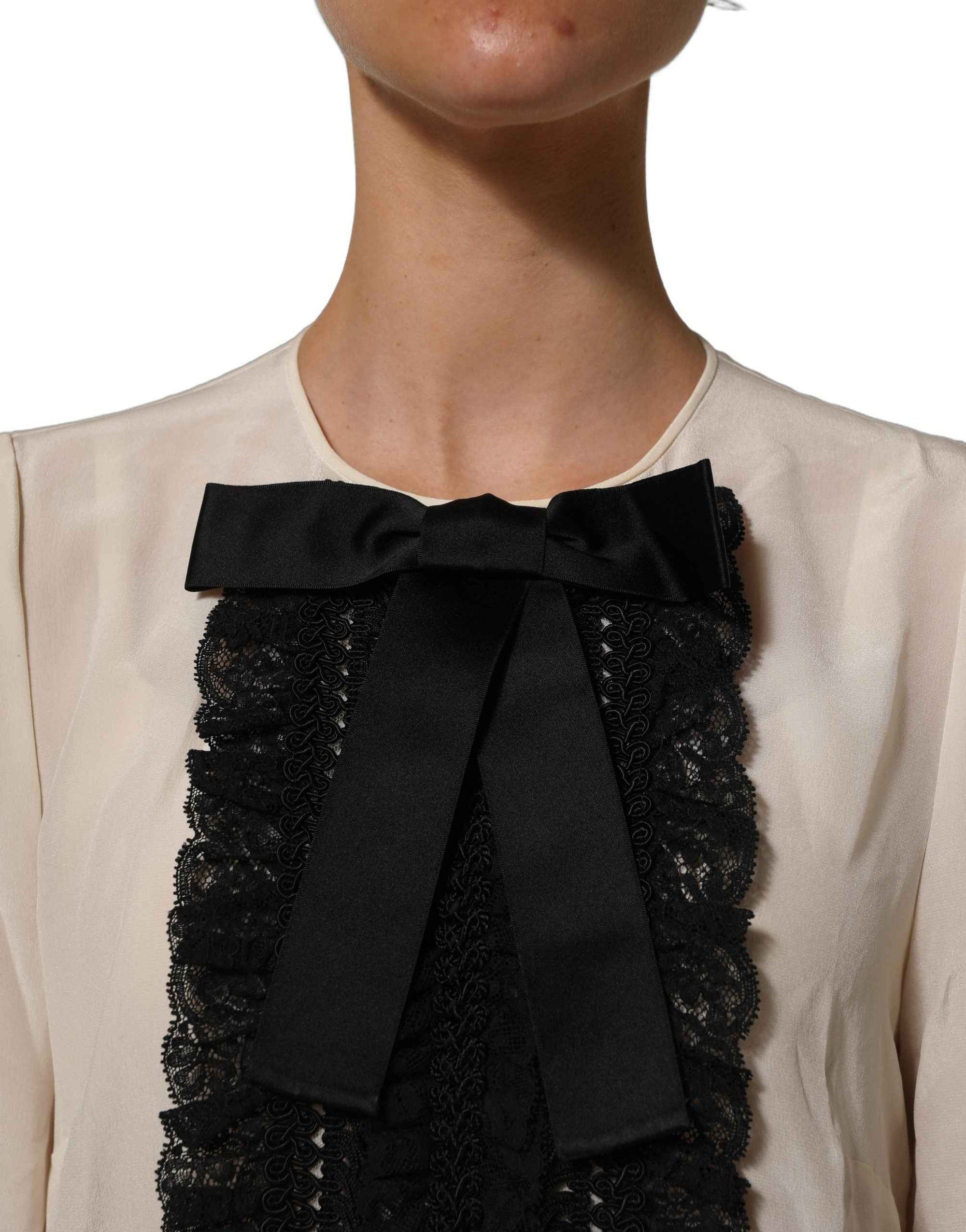 Dolce & Gabbana Beige Lace Trim Bow Short Sleeves Blouse Top