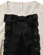 Dolce & Gabbana Beige Lace Trim Bow Short Sleeves Blouse Top