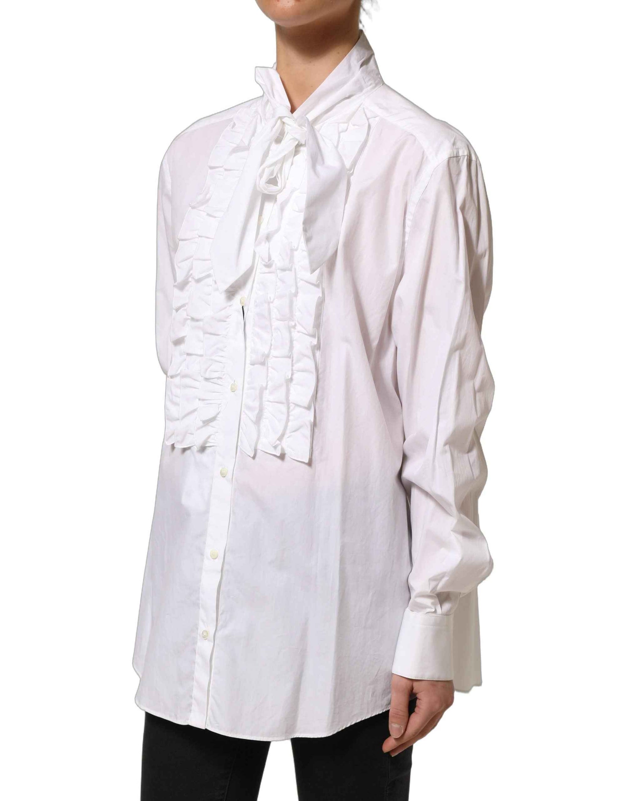 Dolce & Gabbana White Ruffled Bib Long Sleeves Blouse Top