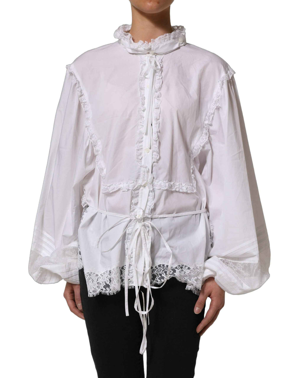 Dolce & Gabbana White Ruffled Lace Embellished Blouse Top