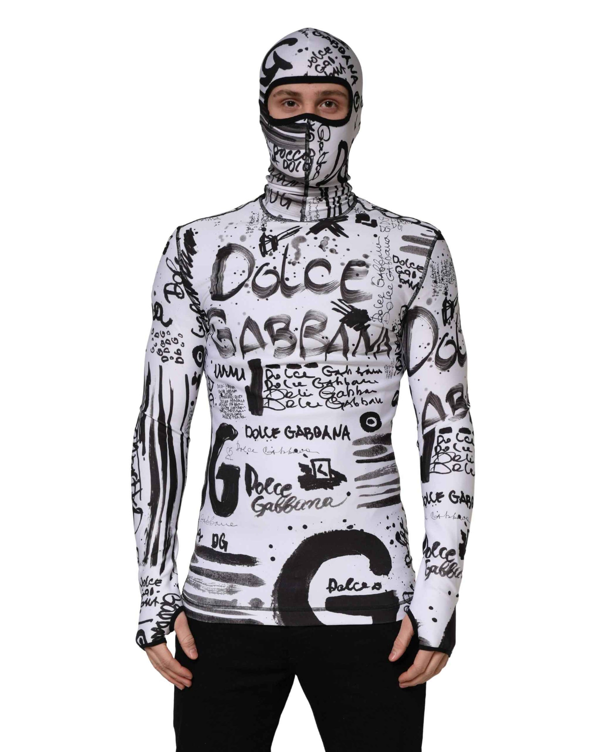 Dolce & Gabbana White Jersey Graffiti Print Balaclava Hood Sweater