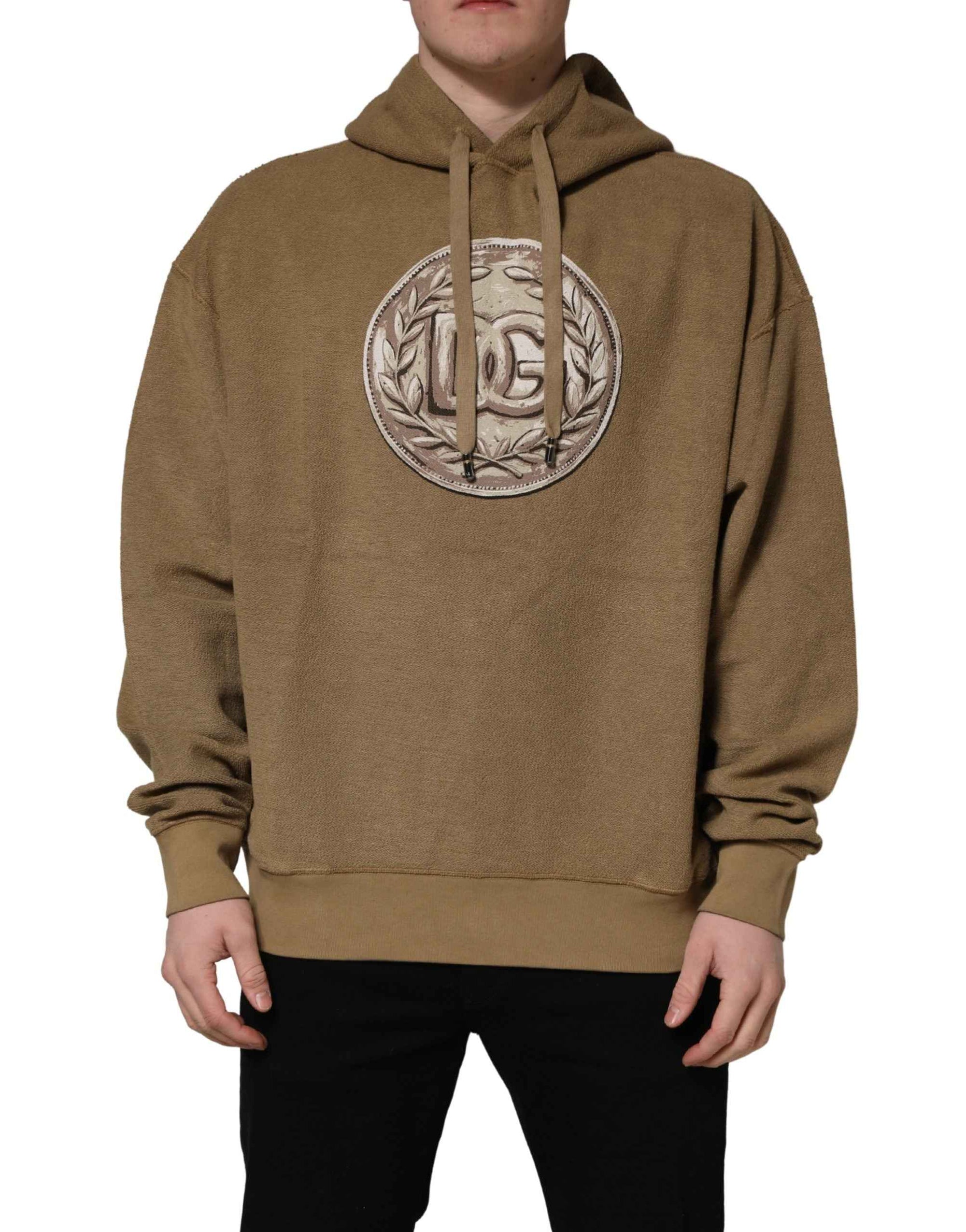 Dolce & Gabbana Brown Cotton Logo Coin Hooded Pullover Sweater