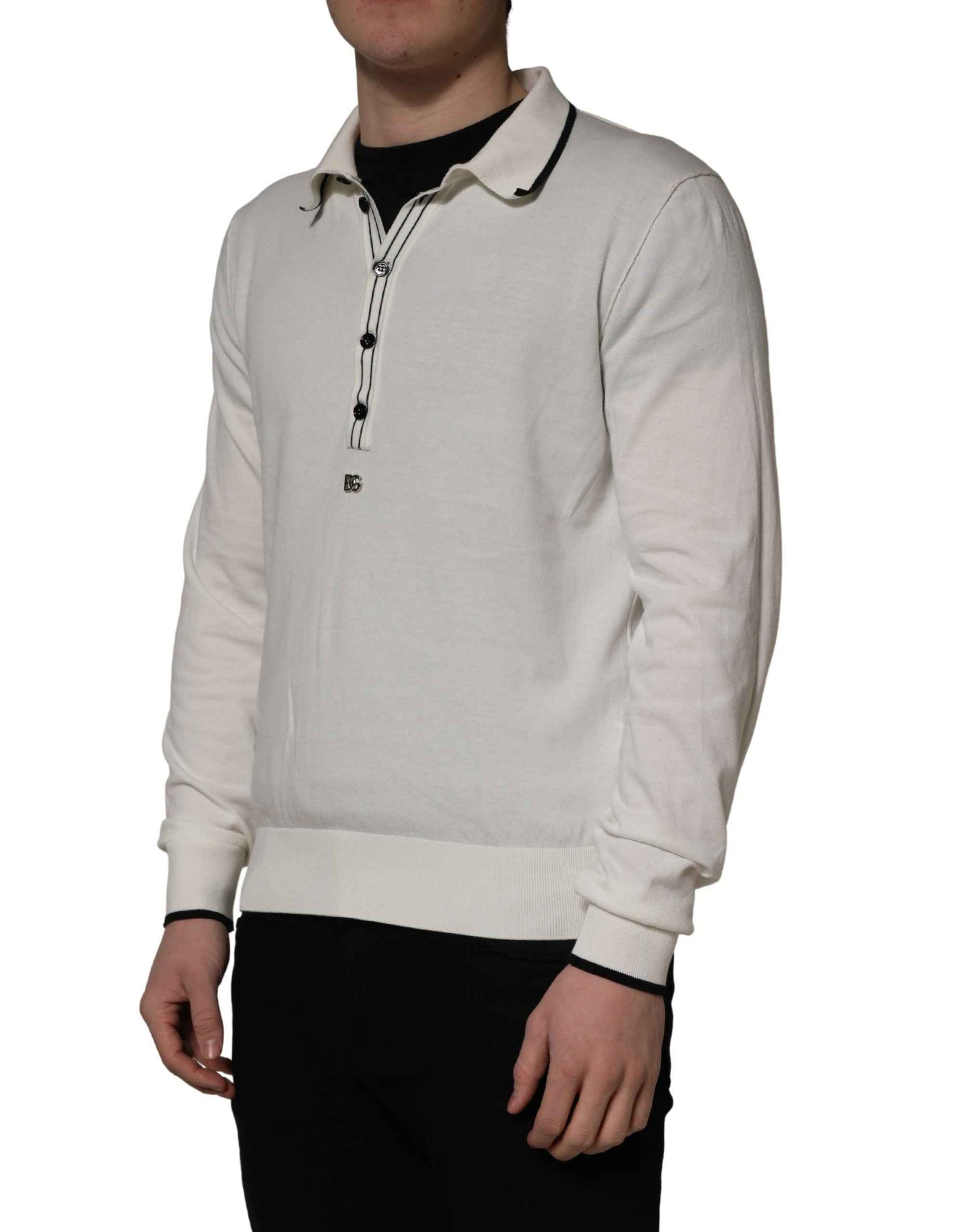 Dolce & Gabbana White Cotton Blend Men Polo Pullover Sweater