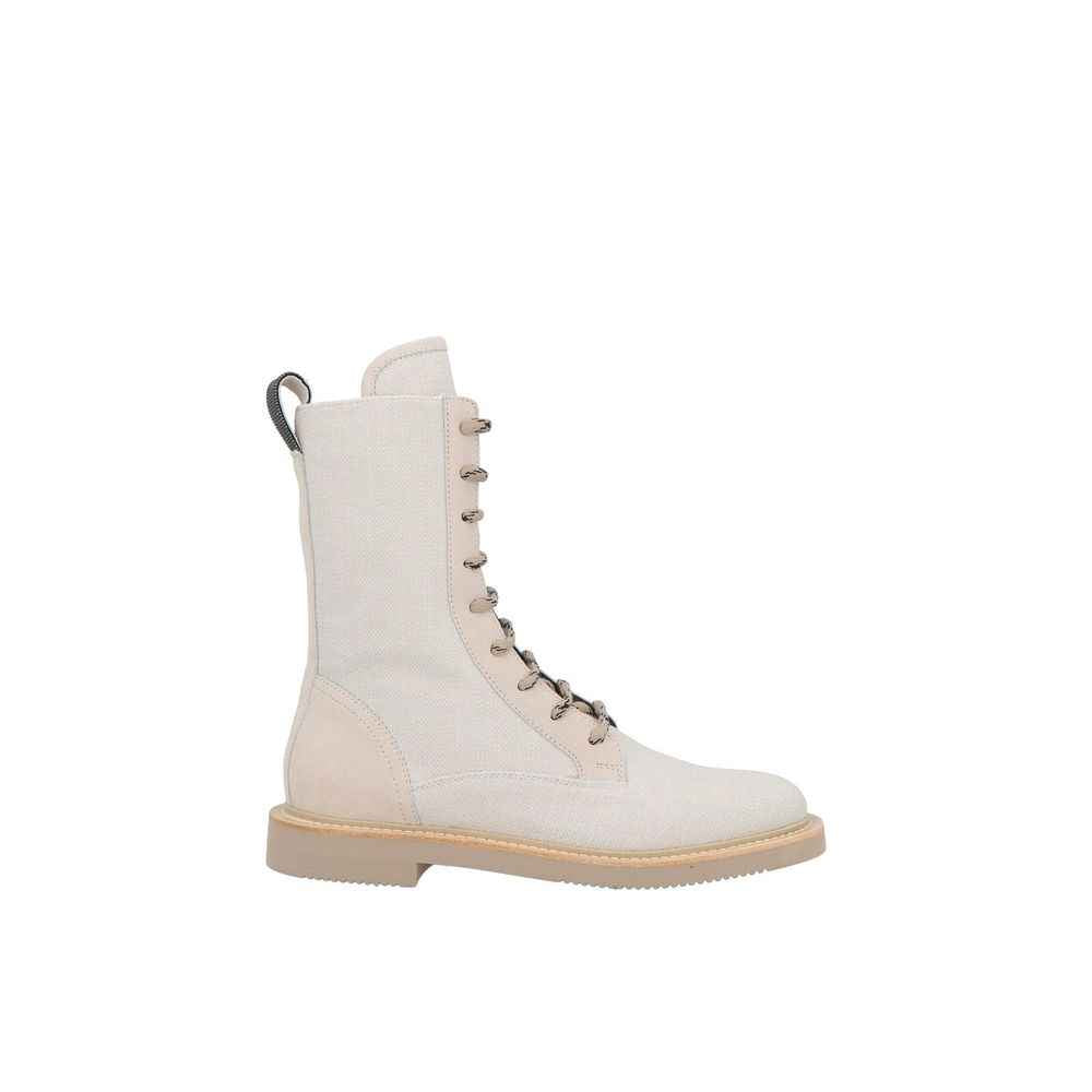 Brunello Cucinelli Beige Cotton Lace-Up Boots