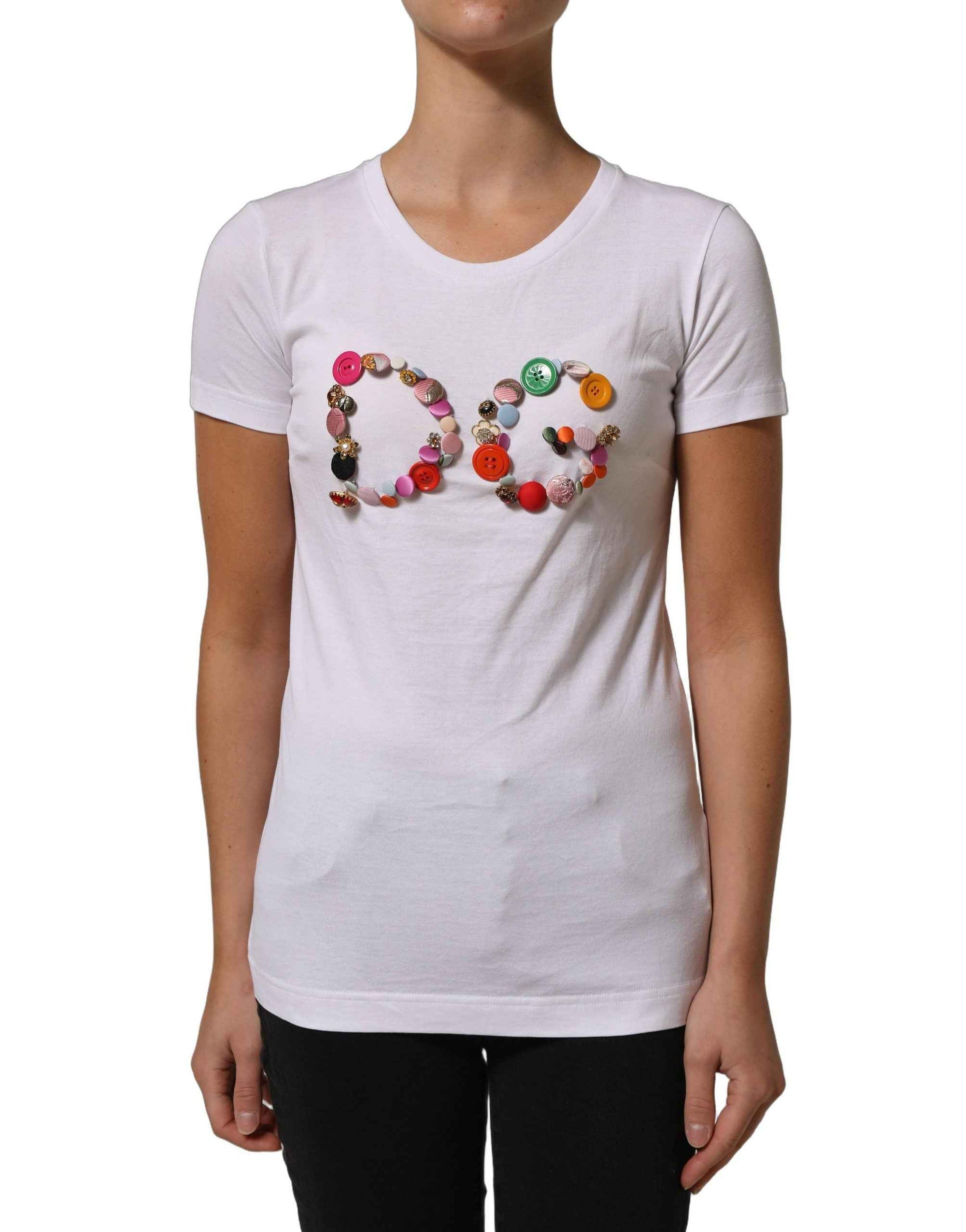 Dolce & Gabbana White DG Logo Embellished Round Neck T-shirt