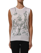 Dolce & Gabbana White Silk Knit Garden Fountain Print Tank Top