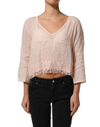 PINK MEMORIES Light Pink Linen V-Neck Long Sleeves Blouse Top