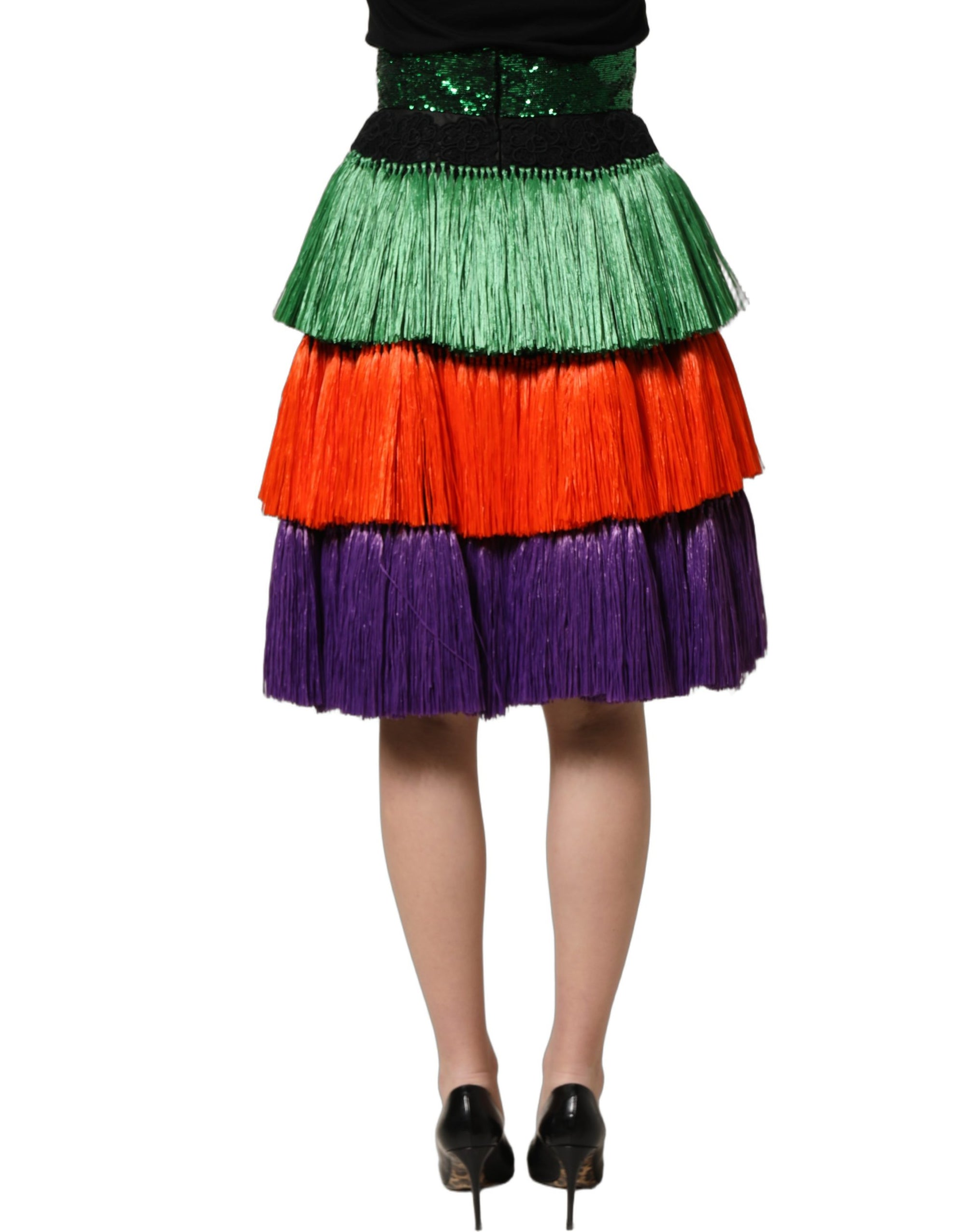 Dolce & Gabbana Multicolor Fringed High Waist Knee Length Skirt