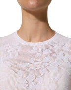 Alpha Studio White Floral Lace Knit Fabric Short Sleeves Blouse Top