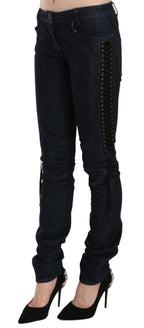 Just Cavalli Blue Low Waist Skinny Trousers Braided String Pants