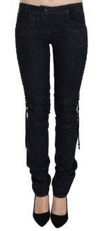 Just Cavalli Blue Low Waist Skinny Trousers Braided String Pants