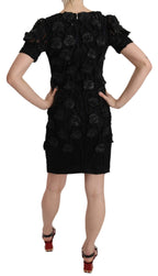John Richmond Black Silk Leather Flowers Sheath Dress
