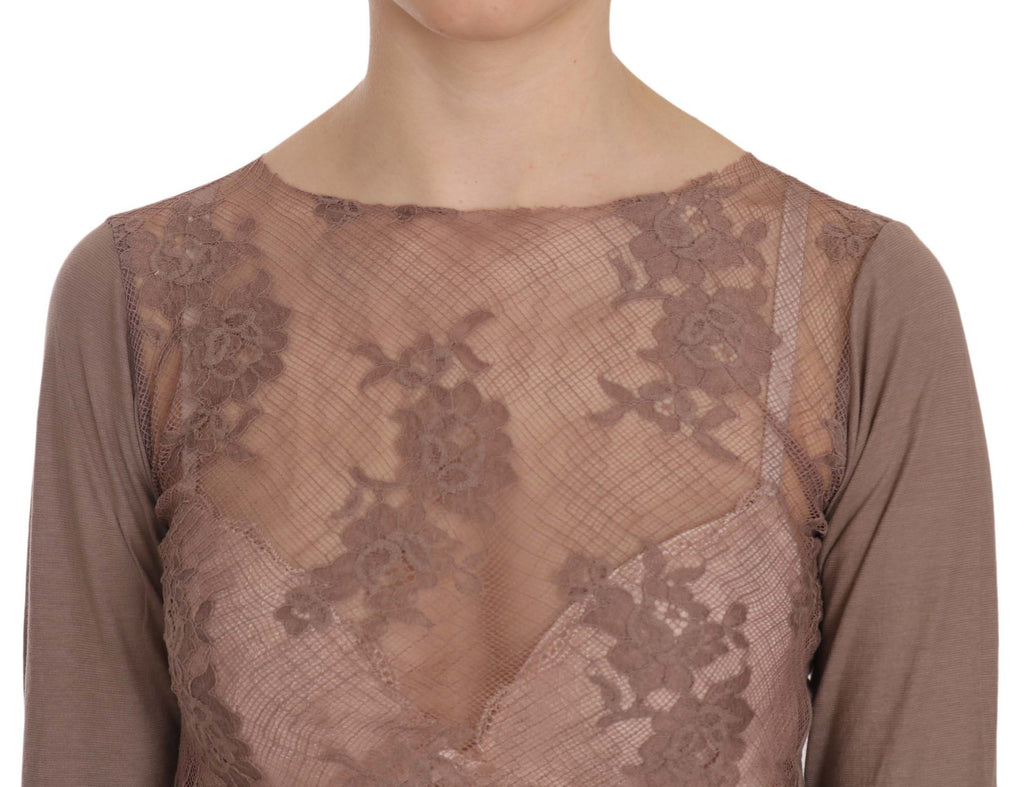 PINK MEMORIES Brown Lace See Through Long Sleeve Top